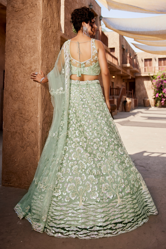 Designer Net Lehenga Choli with Sequin Embroidery and Coordinated Dupatta