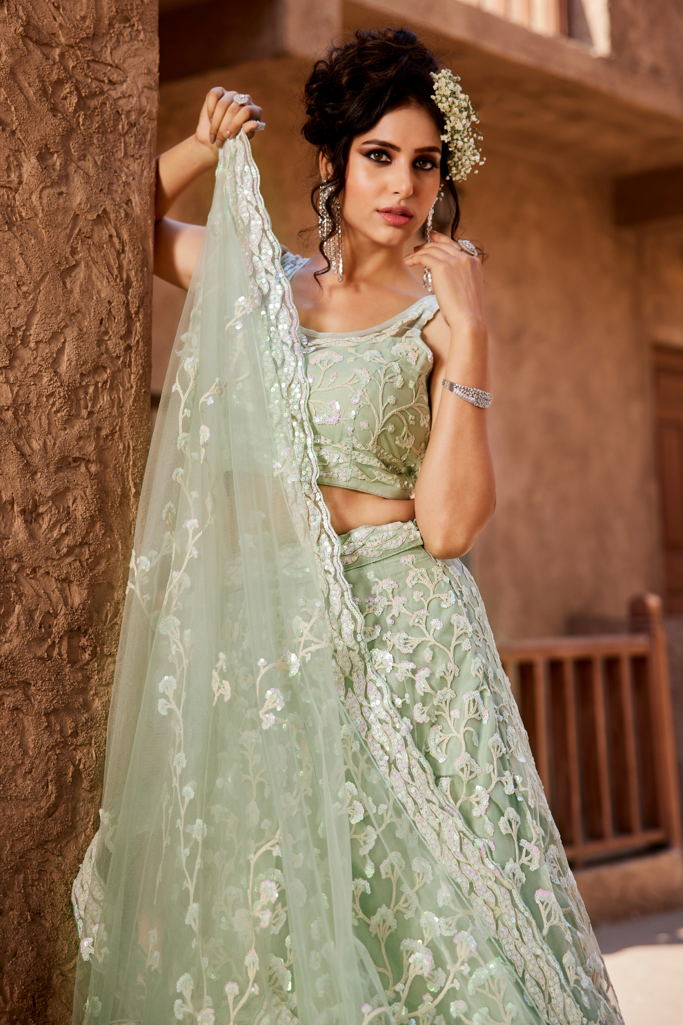 Designer Net Lehenga Choli with Sequin Embroidery and Coordinated Dupatta
