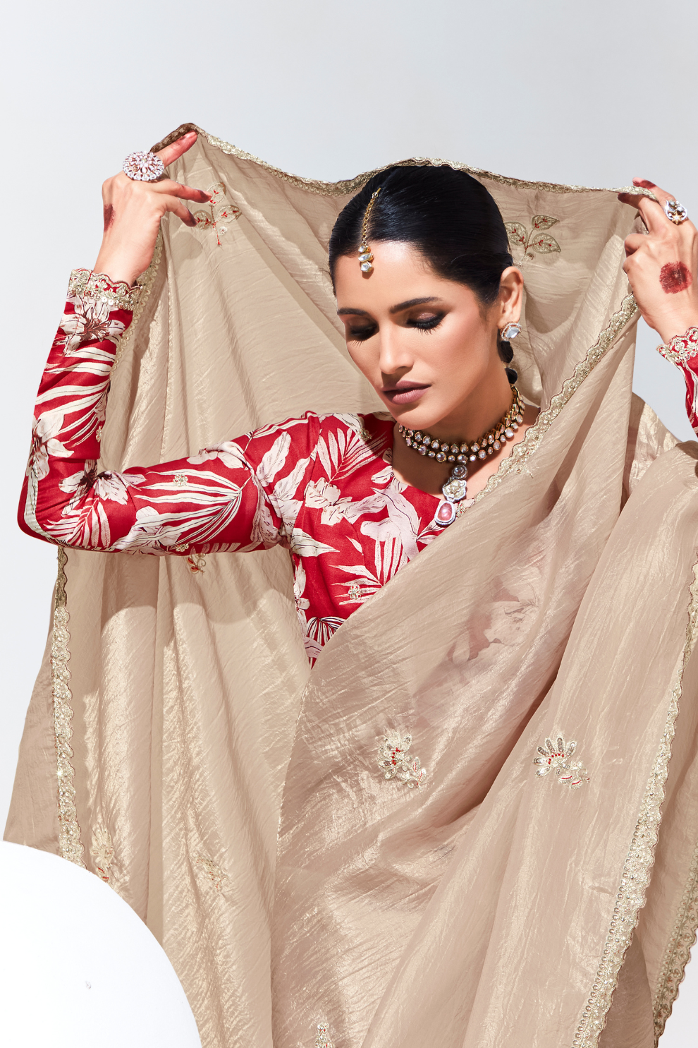 Elegant Tissue Saree with Sequins and Thread Embroidery Work