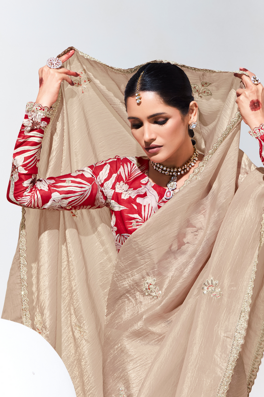 Elegant Tissue Saree with Sequins and Thread Embroidery Work