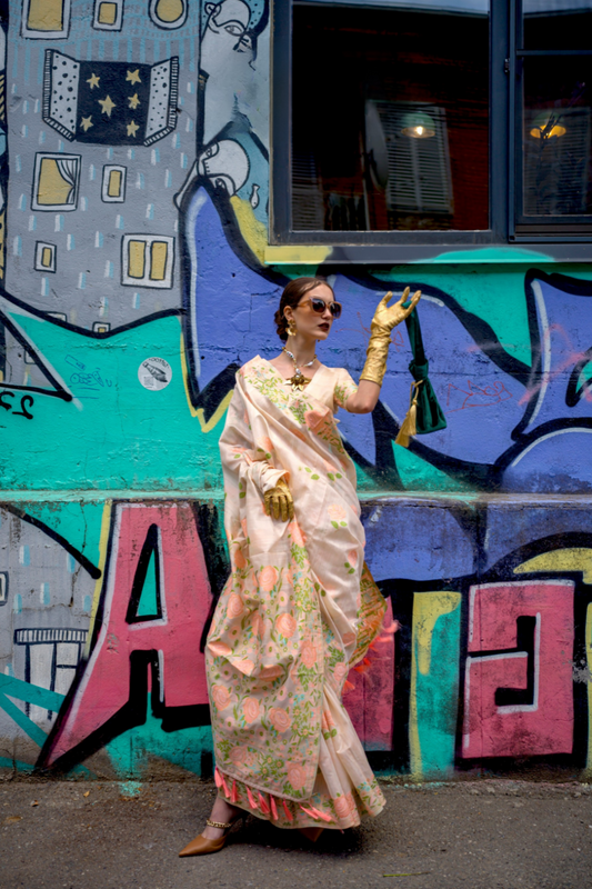 Parsi Weaving Handwoven Textured Silk Saree with Heritage Detailing