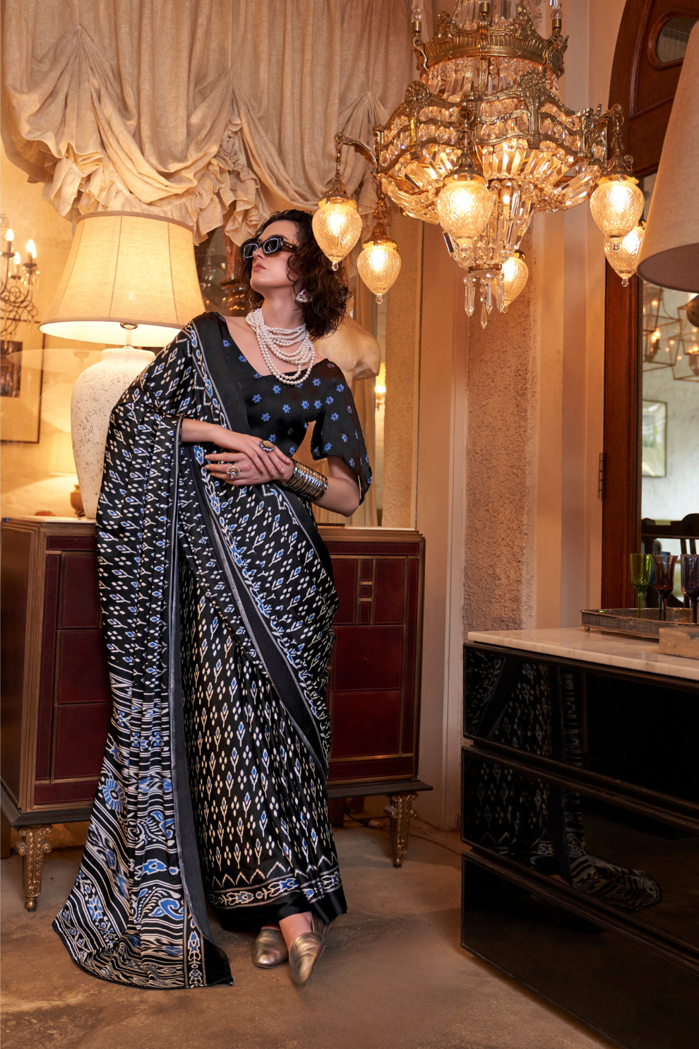 Patola Printed Satin Crepe Saree with Rich Ethnic Detailing