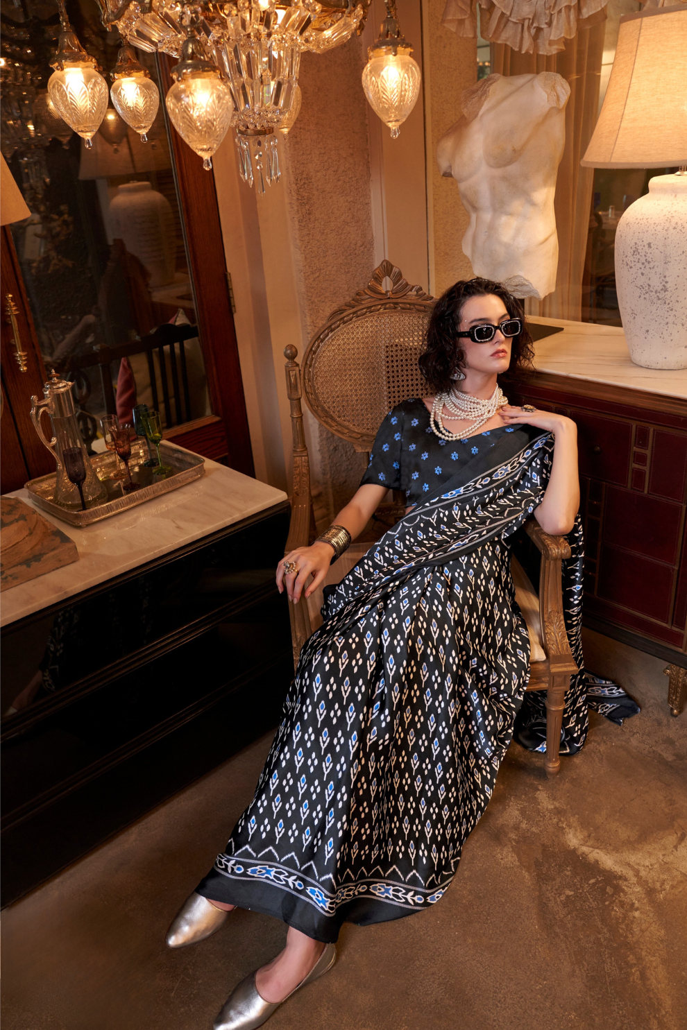 Patola Printed Satin Crepe Saree with Rich Ethnic Detailing