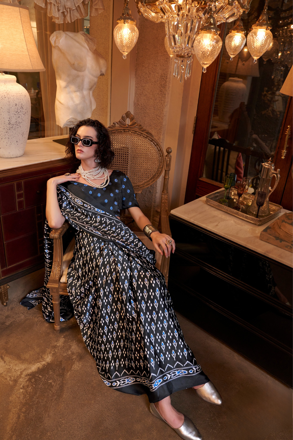 Patola Printed Satin Crepe Saree with Rich Ethnic Detailing