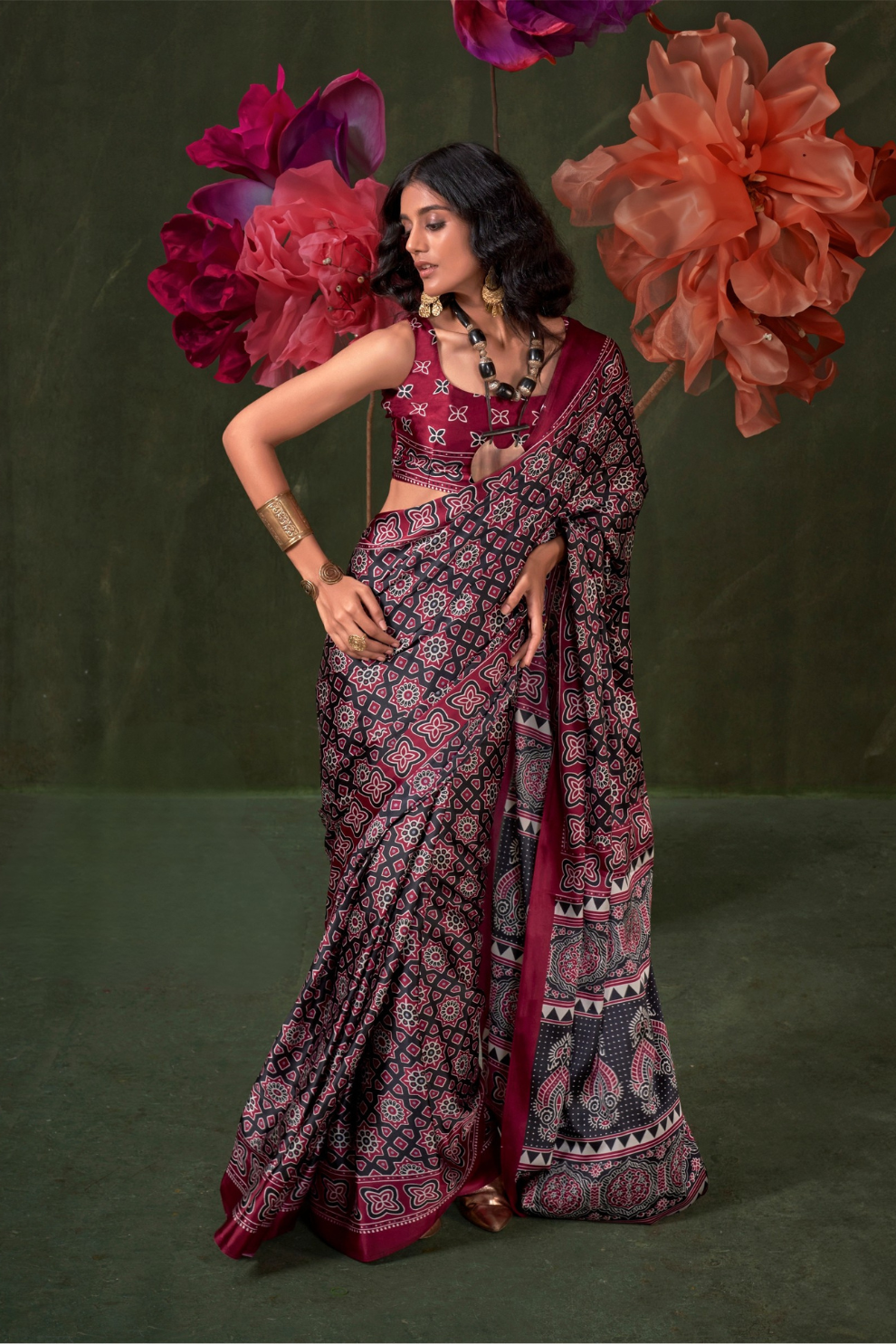 Printed Ajrakh Satin Crepe Saree with Ethnic Artistic Patterns