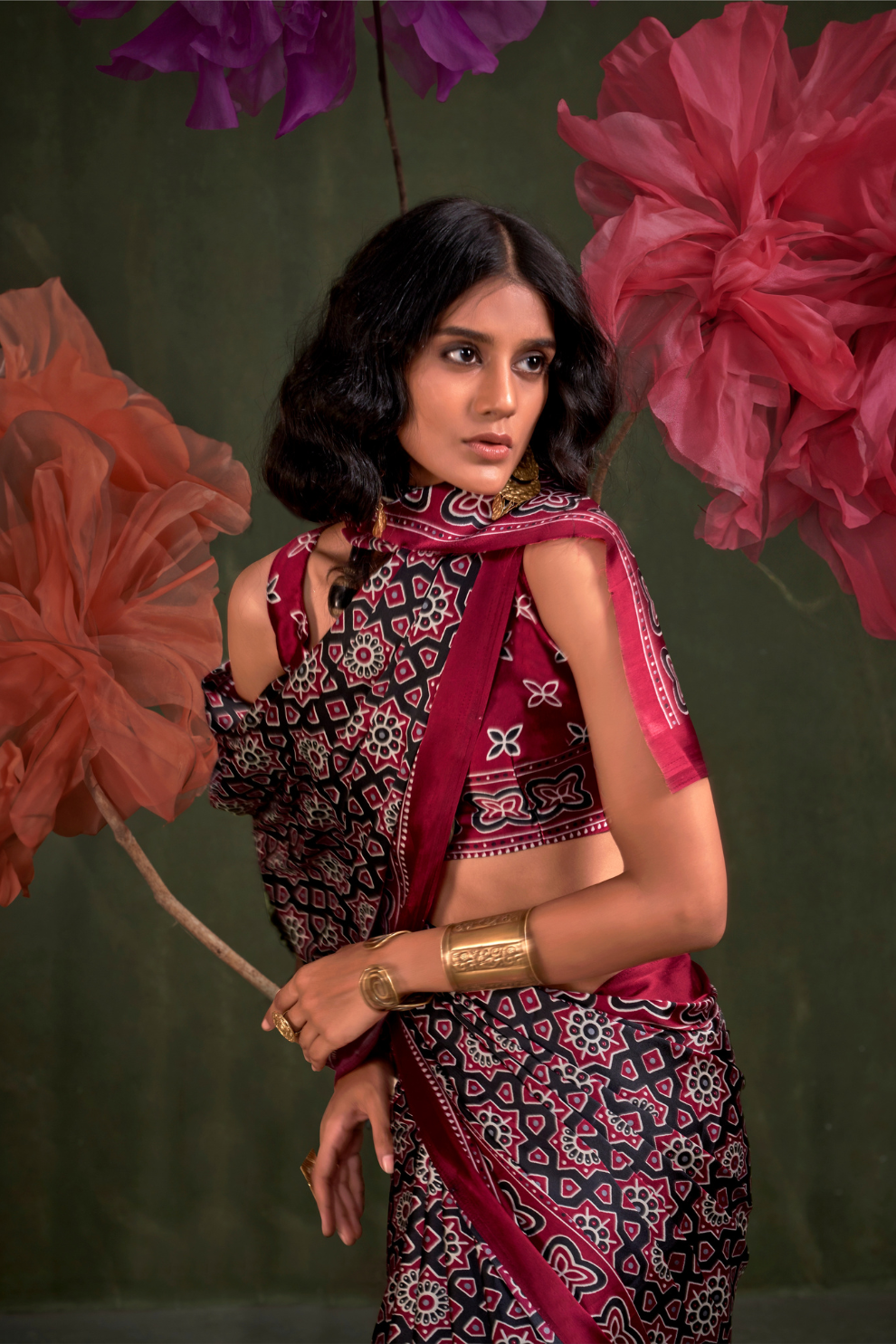 Printed Ajrakh Satin Crepe Saree with Ethnic Artistic Patterns