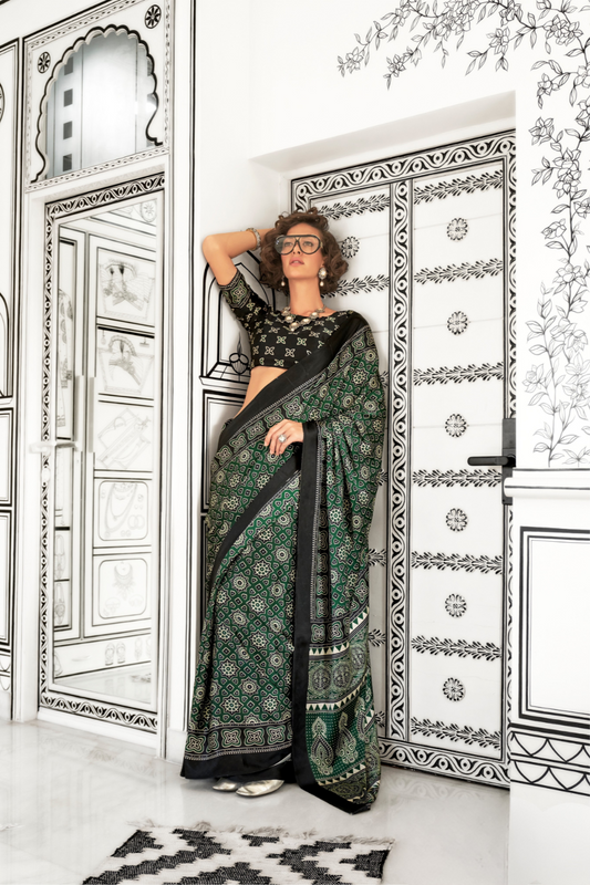 Printed Ajrakh Satin Crepe Saree with Elegant Traditional Vibes