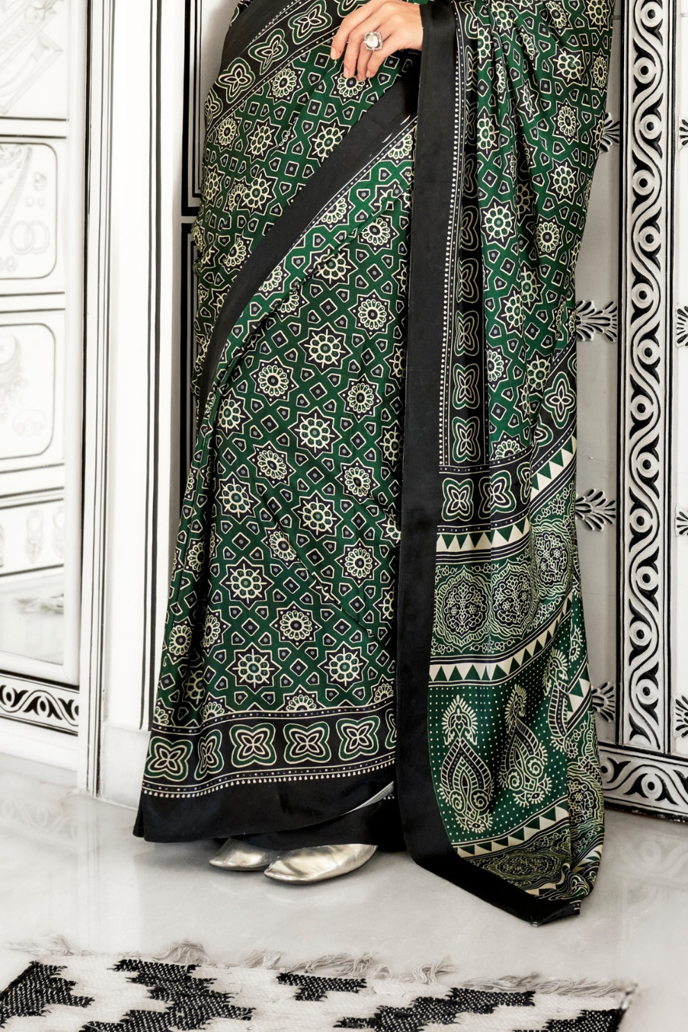 Printed Ajrakh Satin Crepe Saree with Elegant Traditional Vibes