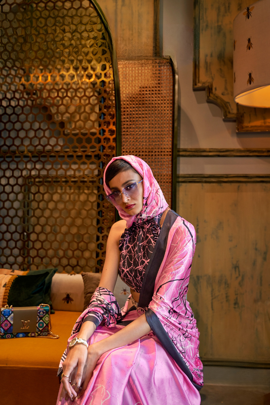 Printed Japan Satin Creep Saree with Elegant Flowing Drape