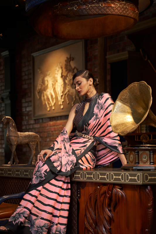 Printed Japan Satin Creep Saree with Elegant Flowing Drape