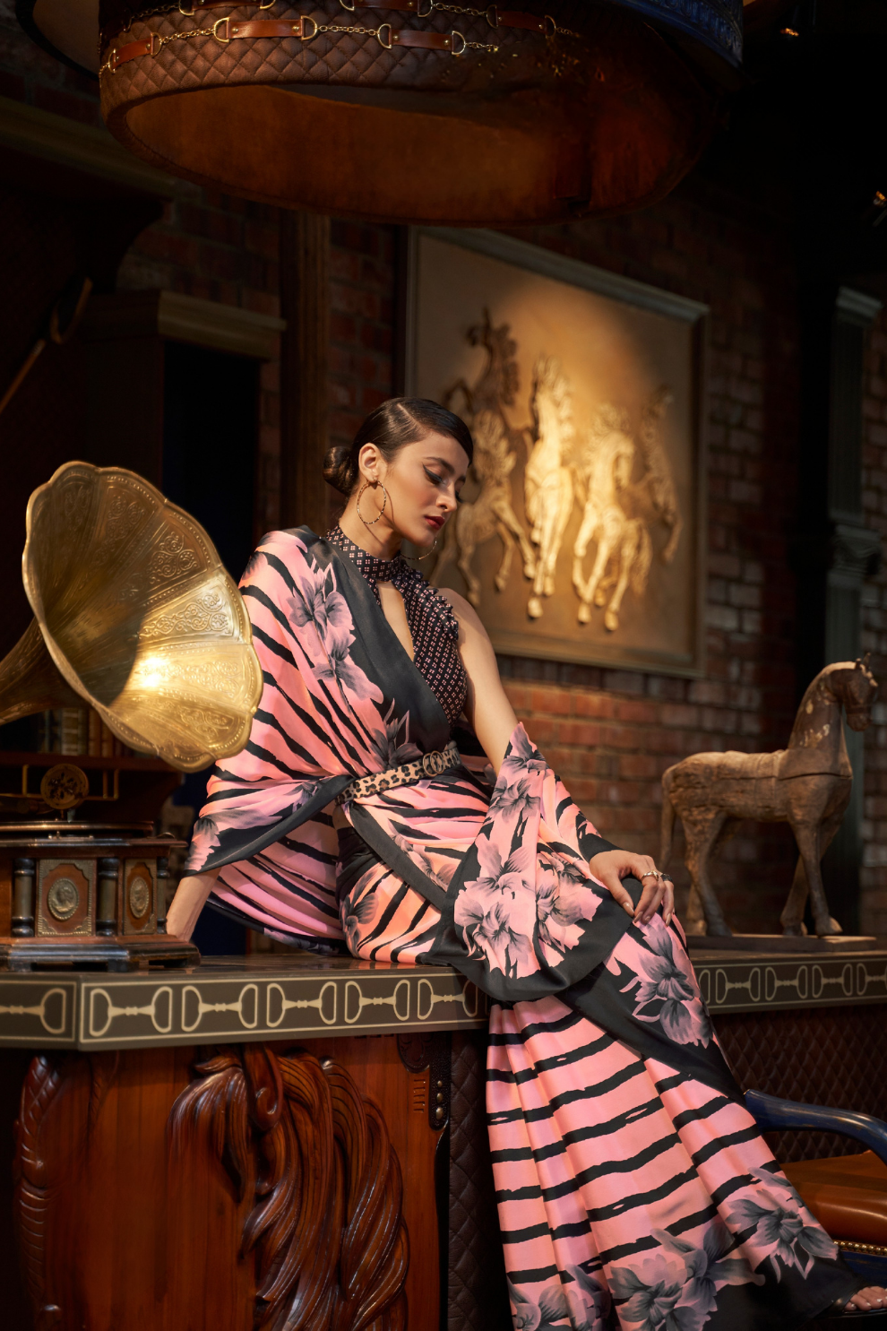 Printed Japan Satin Creep Saree with Elegant Flowing Drape