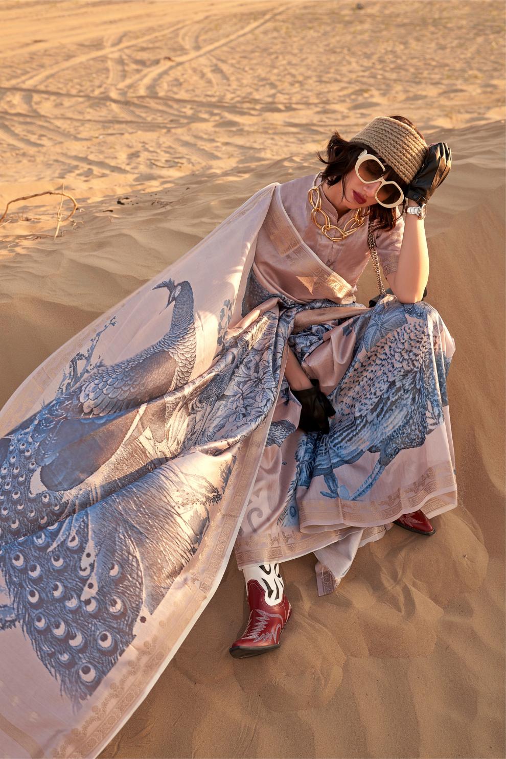 Printed Tussar Silk Saree with Elegant Artistic Patterns