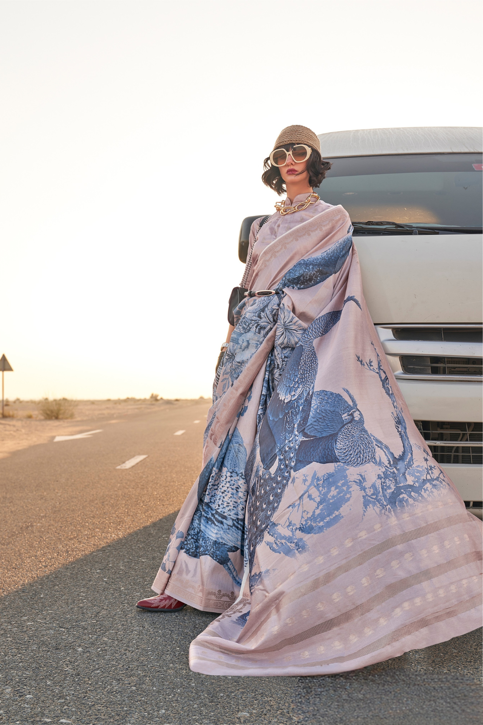 Printed Tussar Silk Saree with Elegant Artistic Patterns