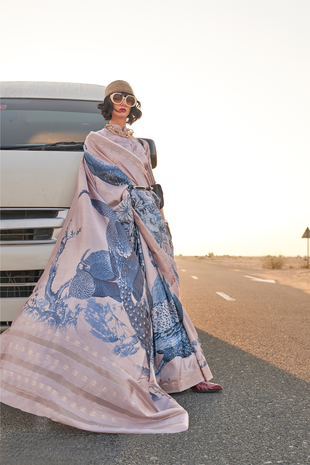 Printed Tussar Silk Saree with Elegant Artistic Patterns