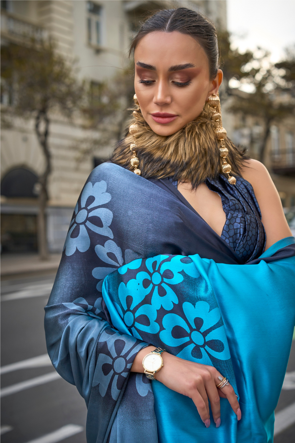 Printed Satin Crepe Saree with Soft Silky Fall and Shine