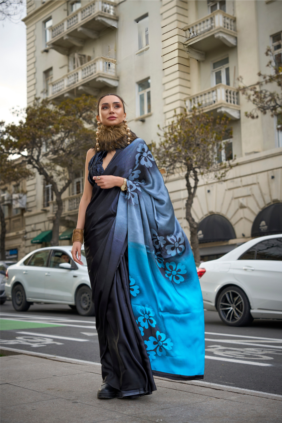 Printed Satin Crepe Saree with Soft Silky Fall and Shine