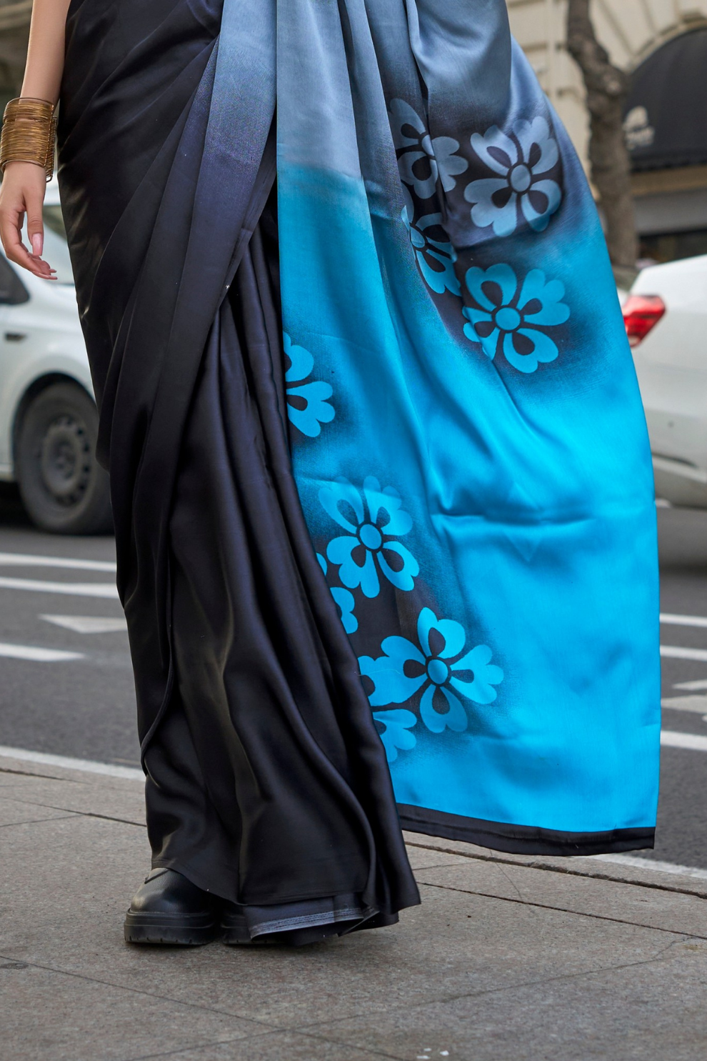 Printed Satin Crepe Saree with Soft Silky Fall and Shine