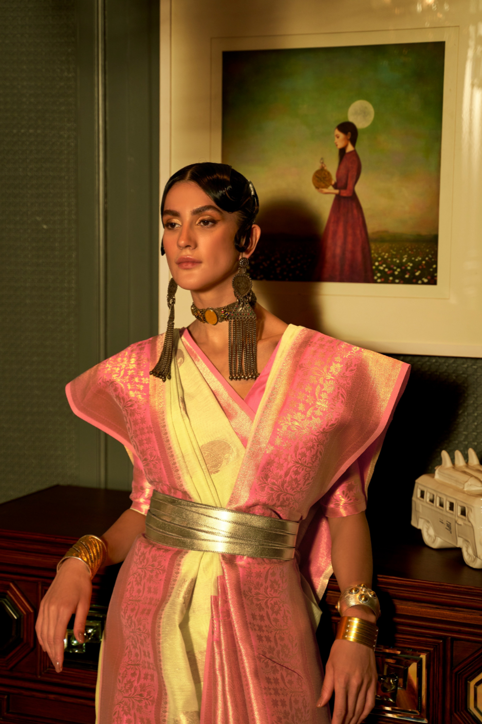 Pure Linen Weaving Saree with Stylish Copper Zari Work