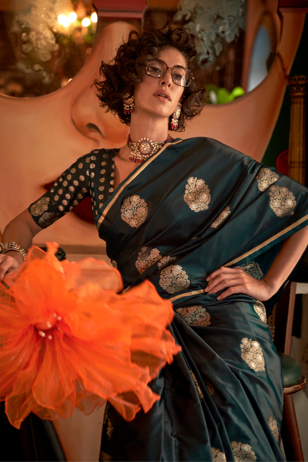 Banarasi Satin Silk Saree with Dual Zari Motifs Finish