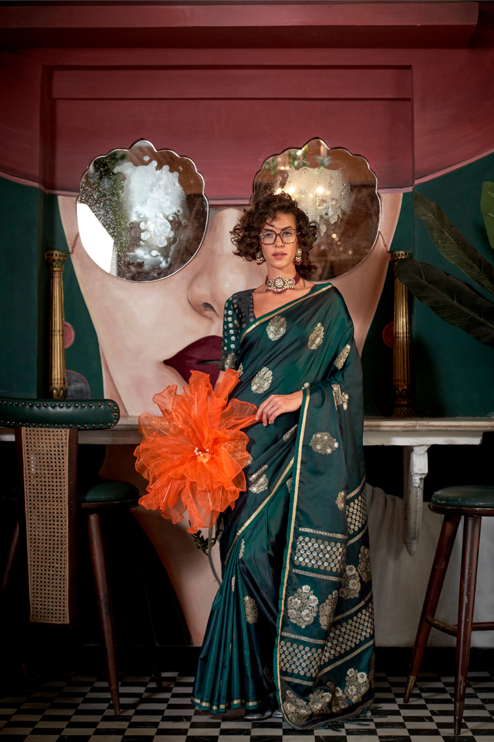 Banarasi Satin Silk Saree with Dual Zari Motifs Finish