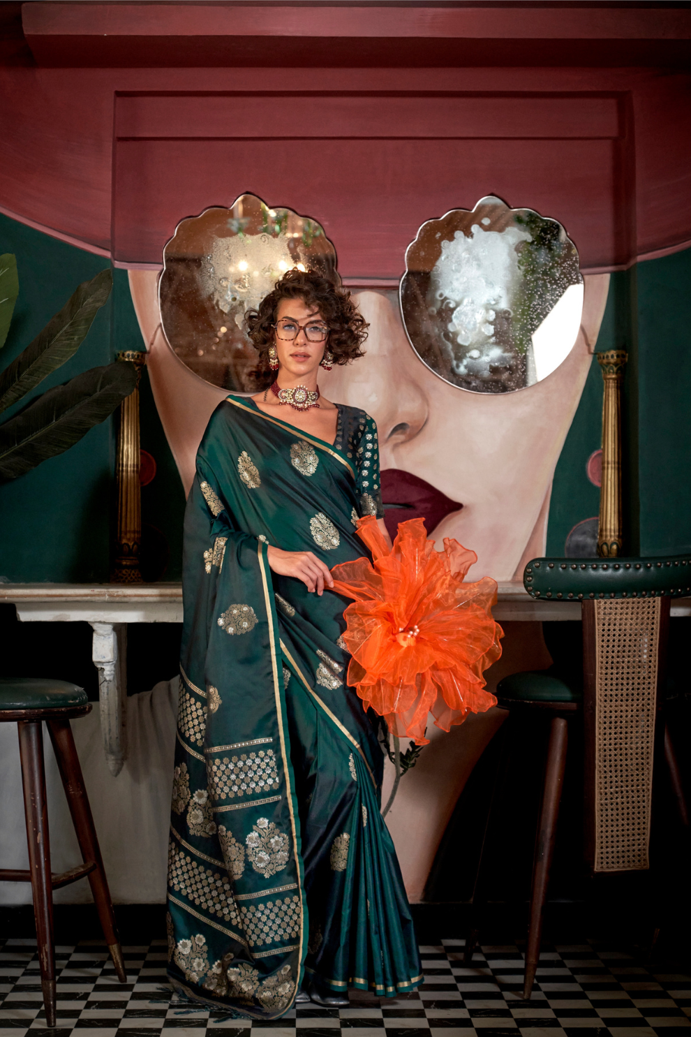 Banarasi Satin Silk Saree with Dual Zari Motifs Finish