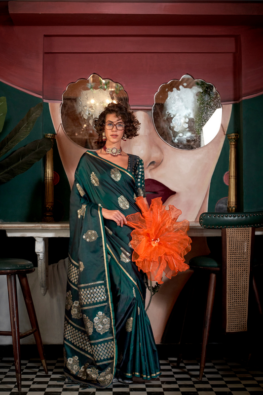 Banarasi Satin Silk Saree with Dual Zari Motifs Finish