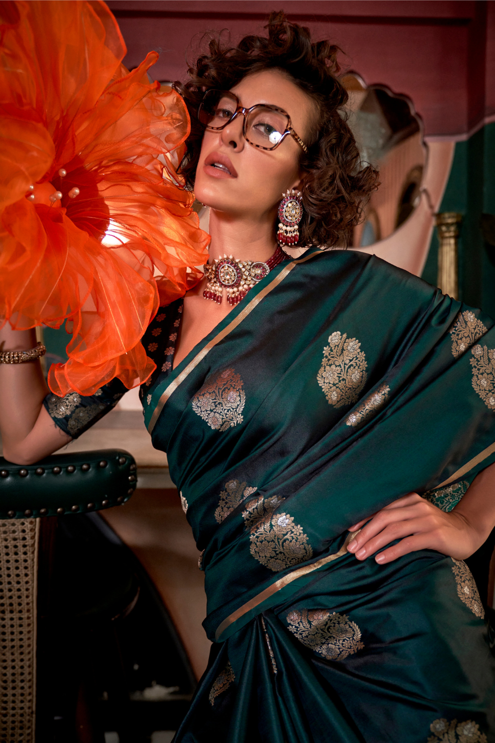 Banarasi Satin Silk Saree with Dual Zari Motifs Finish