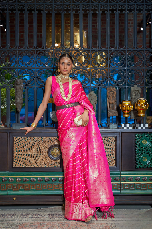 Elegant Fuchsia Satin Saree with Smooth Lustrous Finish