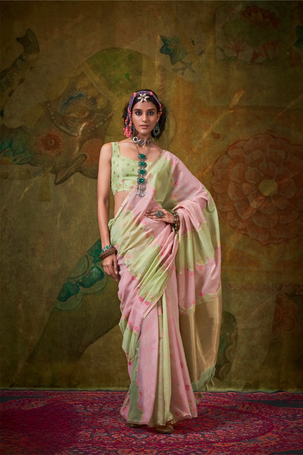 Pure Spun Rangkaat Weaving Saree with Heavy Pallu & Tassels