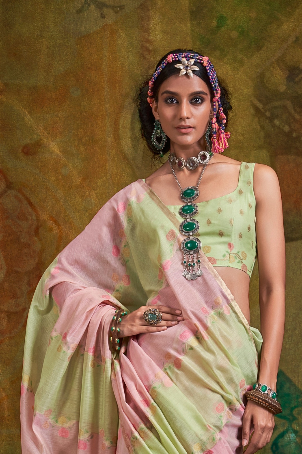 Pure Spun Rangkaat Weaving Saree with Heavy Pallu & Tassels