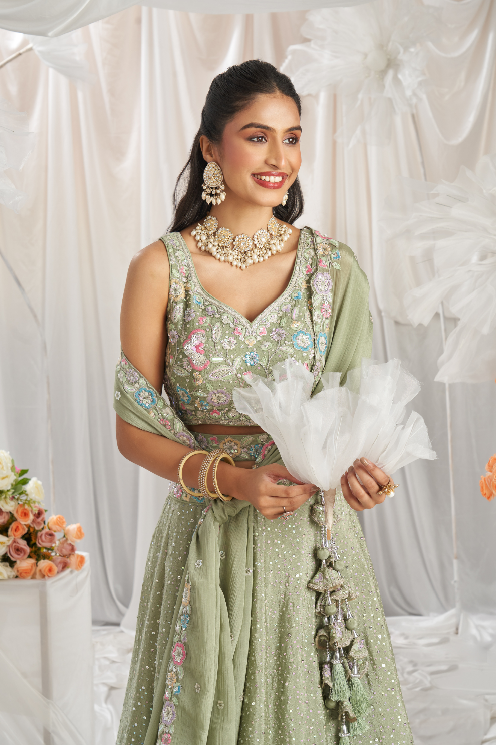 Pure Chiffon Sequins And Thread Embroidery Lehenga Choli Dupatta