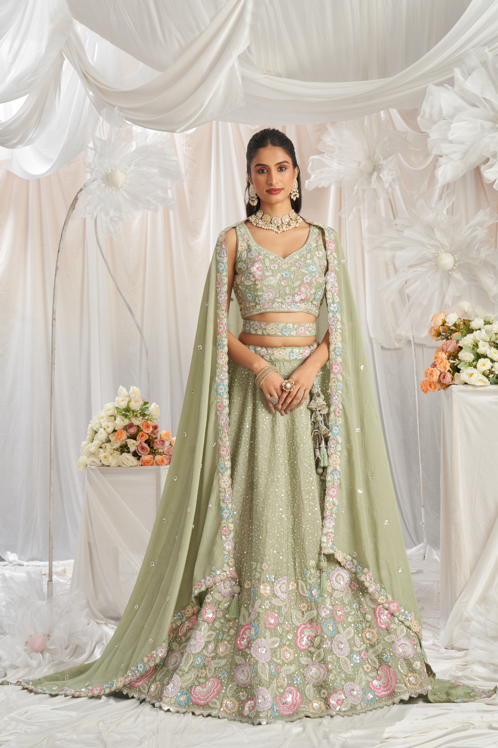 Pure Chiffon Sequins And Thread Embroidery Lehenga Choli Dupatta