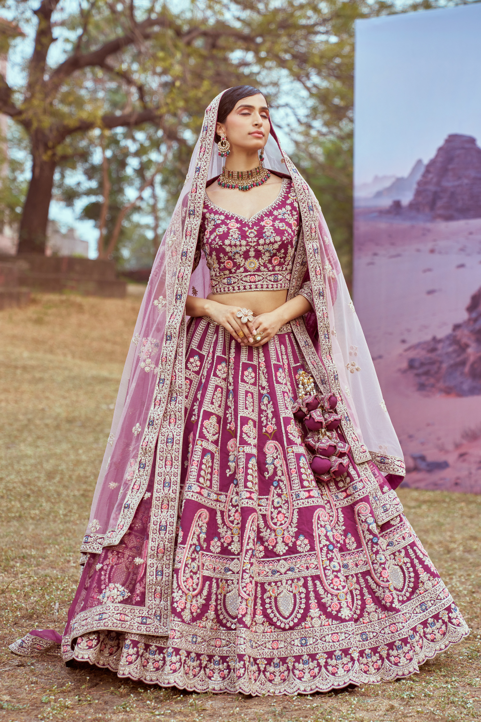 Pure Silk Moti And Cording Embroidery Bridal Lehenga Choli Dupatta