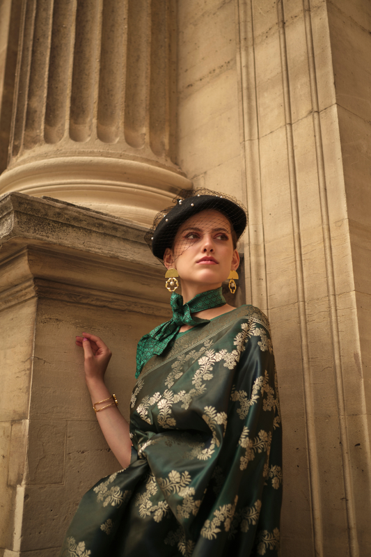 Banarasi Woven Satin Silk Blend Saree with Tassel Accents