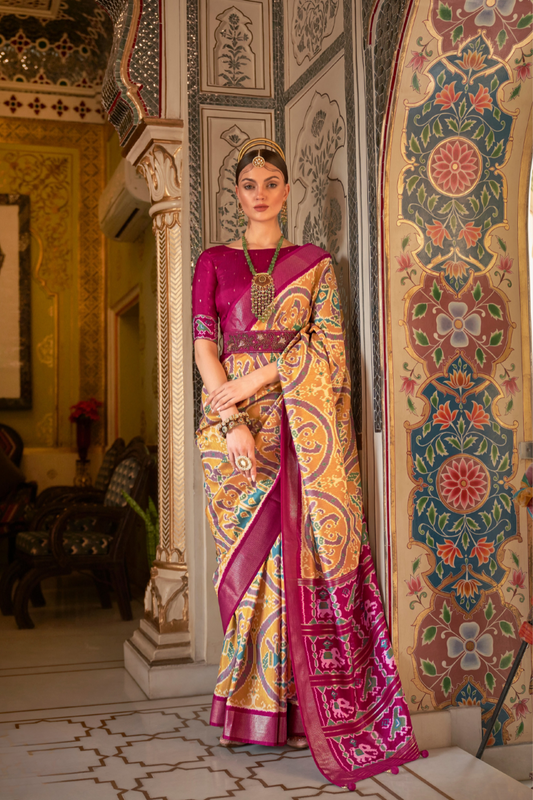 Classic Patola Printed Saree Enhanced with Contrast Zari Border