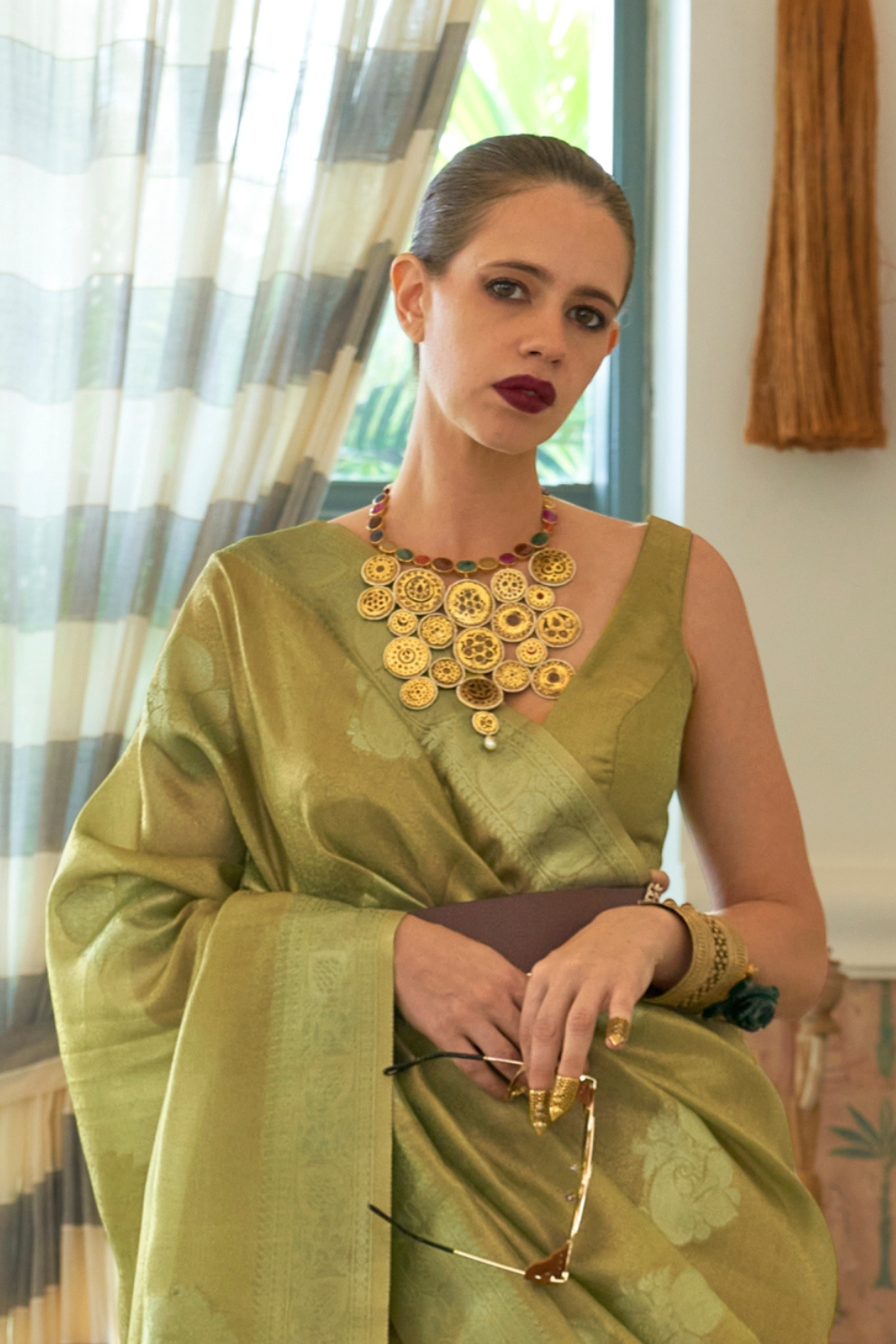 Woven Satin Tissue Silk Saree with Lustrous Texture and Graceful Drape