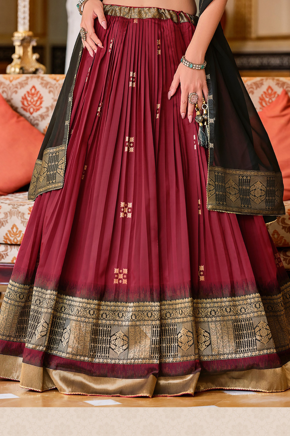 Maroon Silk Foil Print Readymade Lehenga Choli for Ceremonial Wear - LaVante Fashion