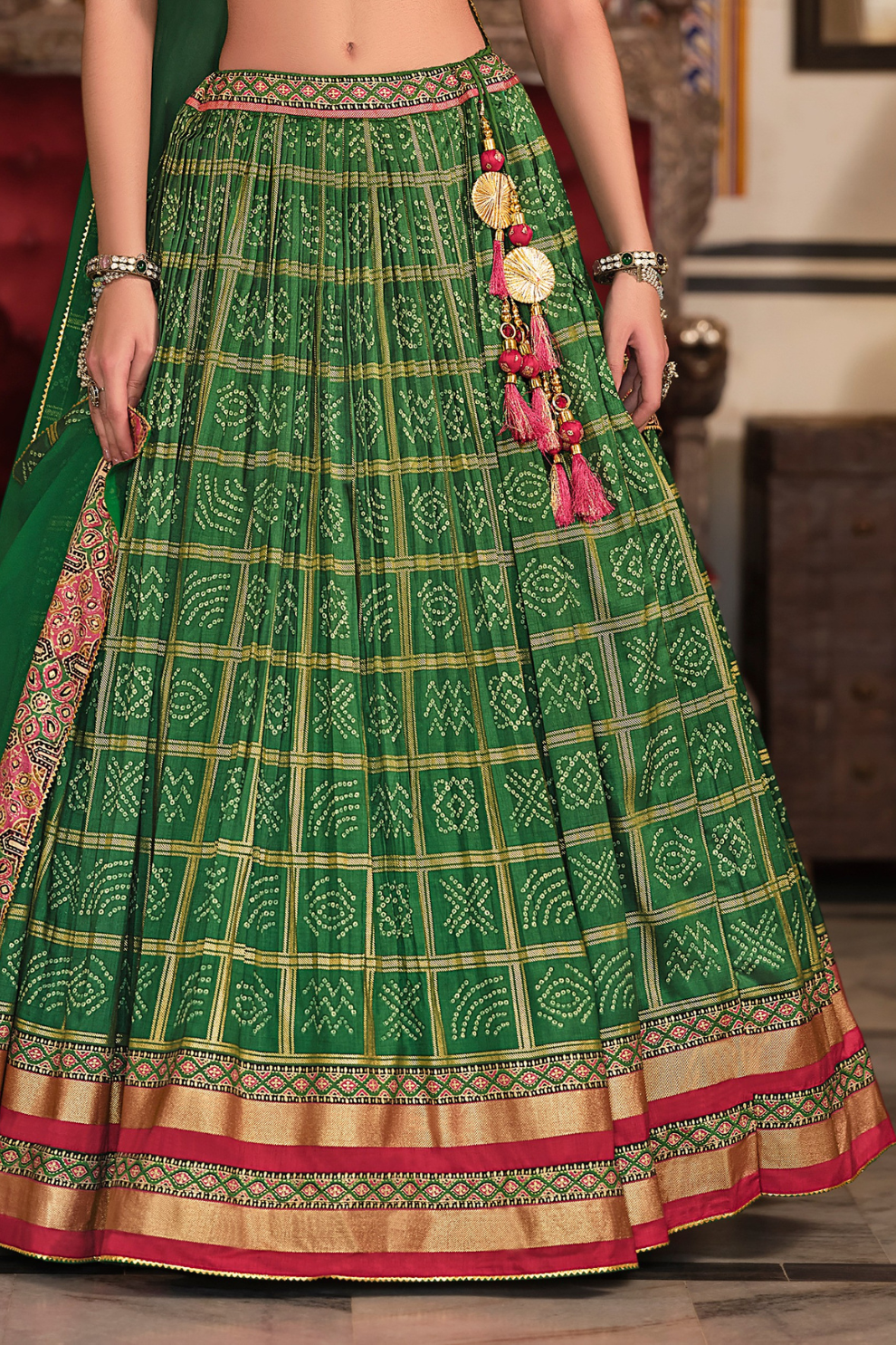 Irish Green Silk Foil Print Readymade Lehenga Choli for Ceremonial Wear - LaVante Fashion
