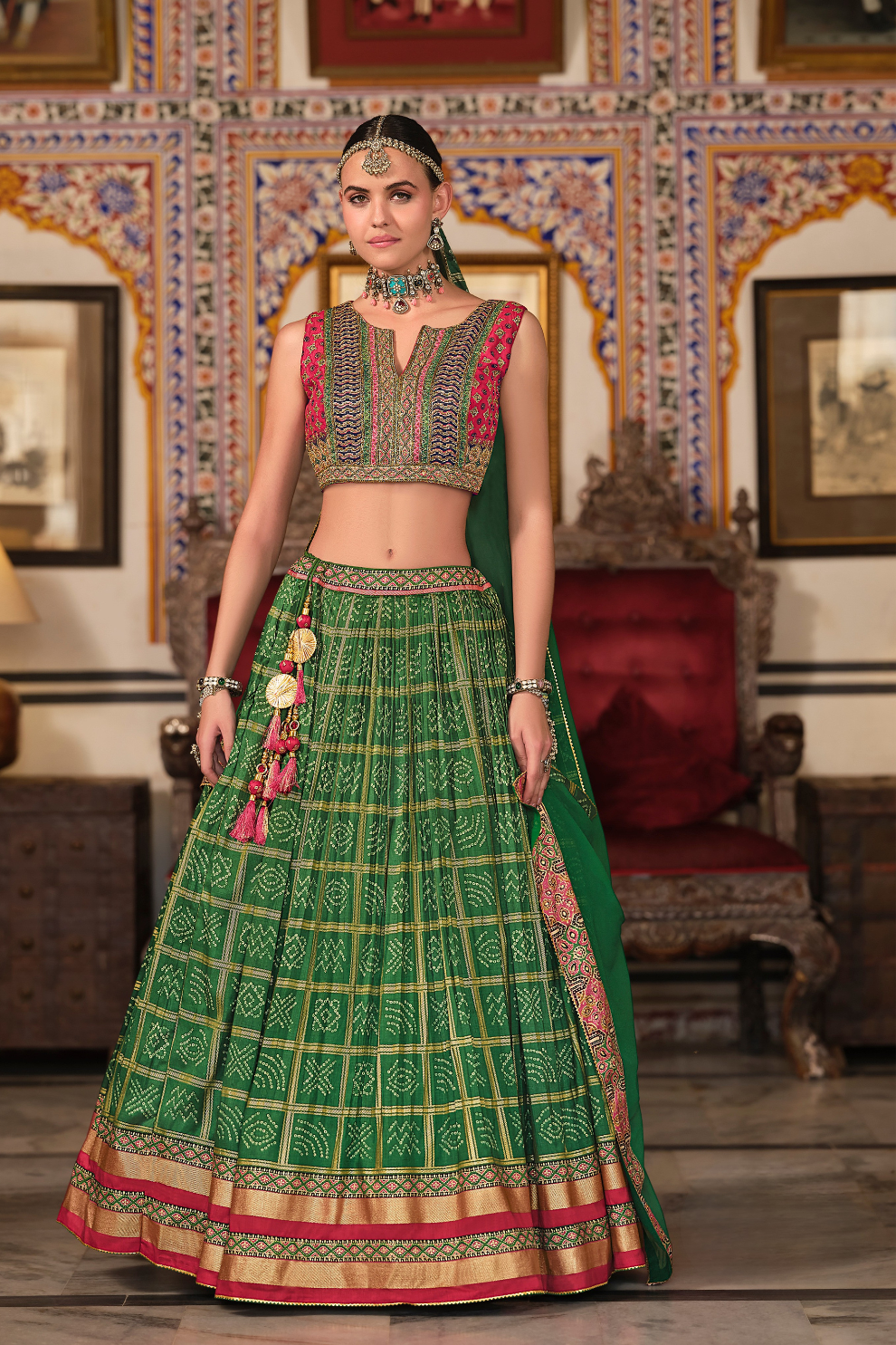 Irish Green Silk Foil Print Readymade Lehenga Choli for Ceremonial Wear - LaVante Fashion