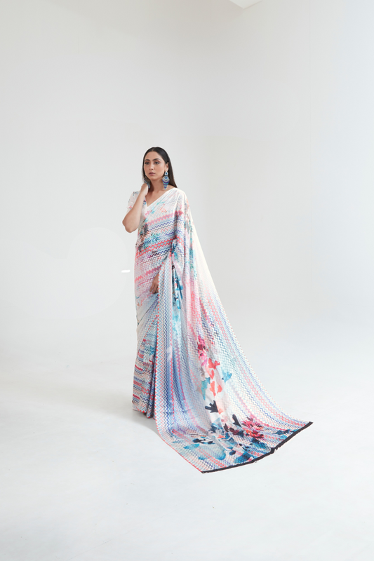Kouture Digital Satin Silk Saree in Japan Creep Fabric