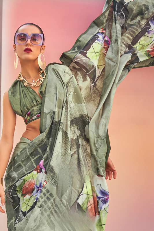 Stylish Swiss Satin Saree with Premium Digital Artwork Prints