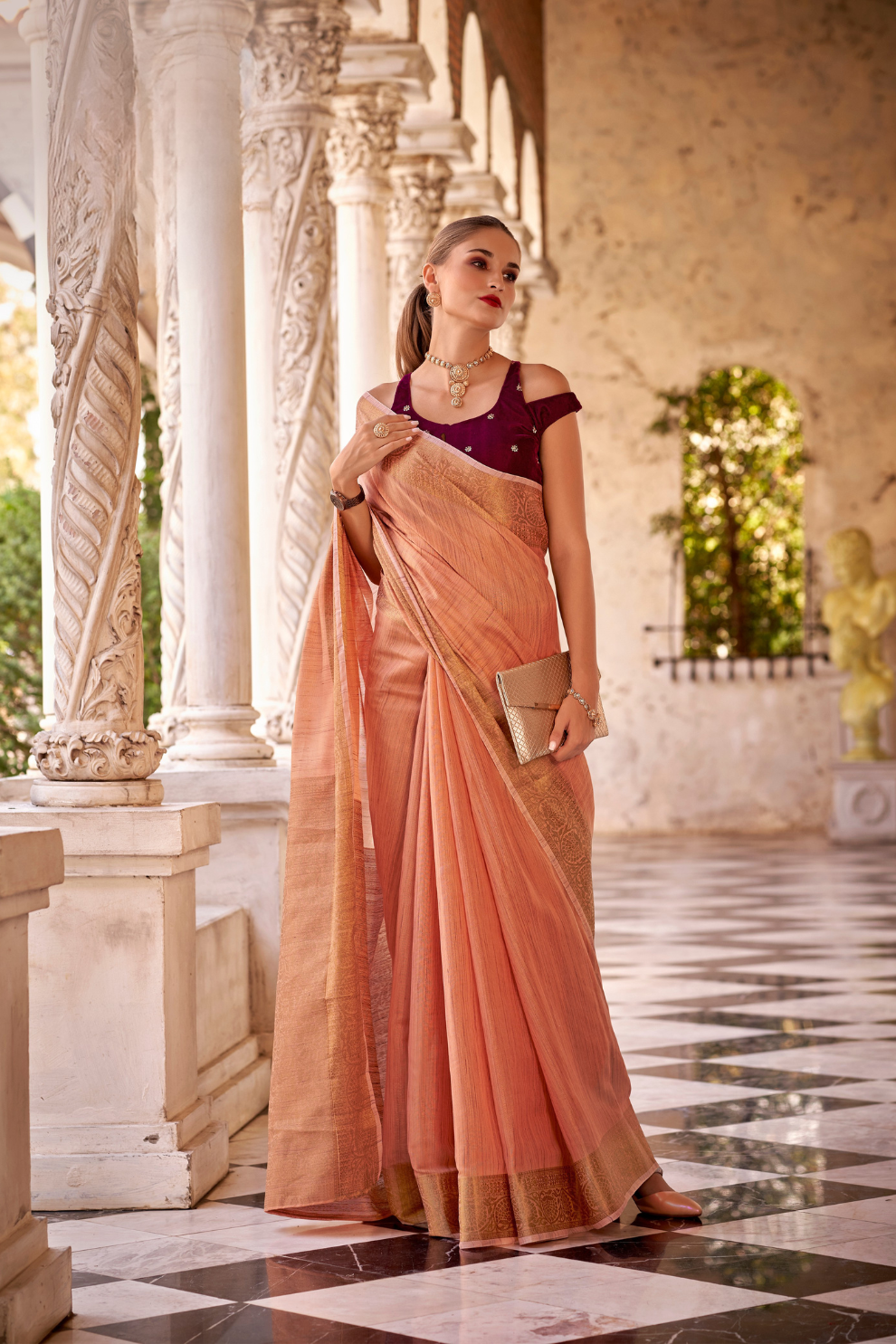 Elegant Tissue Linen Drape with Rich Velvet Contrast Blouse - LaVante Fashion