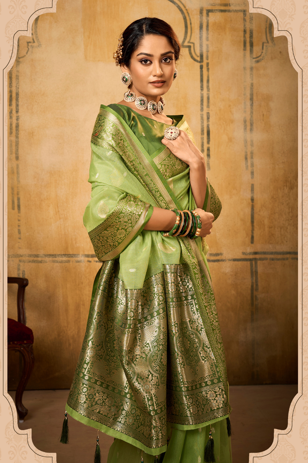 Tissue Silk Elegance Draped in a Striking Contrast Border