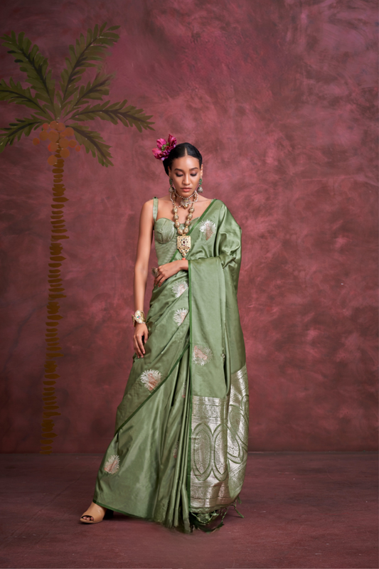 Tone-to-Tone Satin Handloom Saree with Banarasi Zari and Heavy Pallu