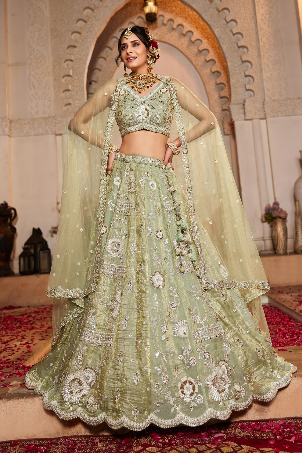 Glamorous Tissue Lehenga Choli & Dupatta with Intricate Sequins Work