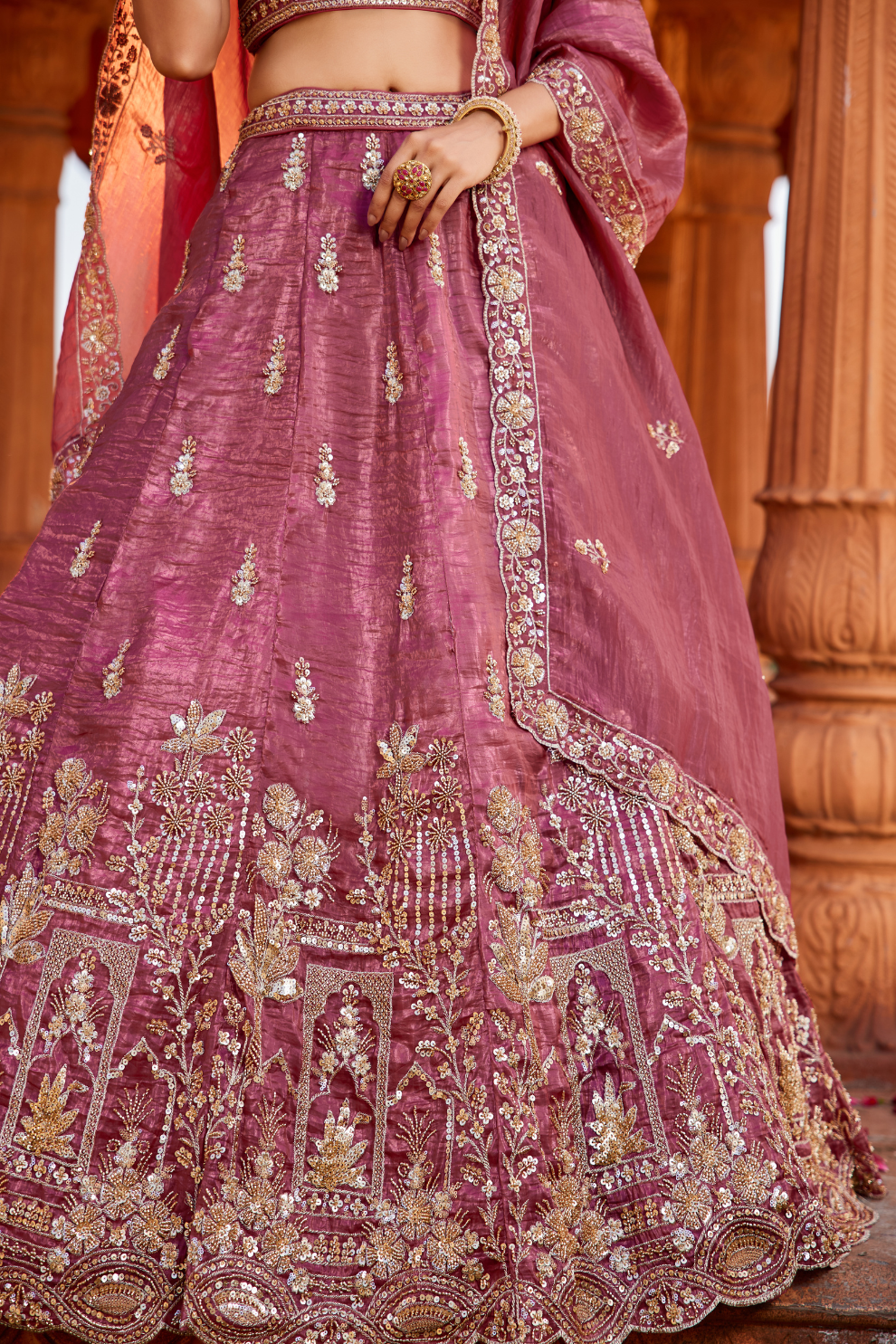 Tissue Fabric Semi-Stitched Lehenga Choli with Handwork Cutdana Embroidery and Dupatta