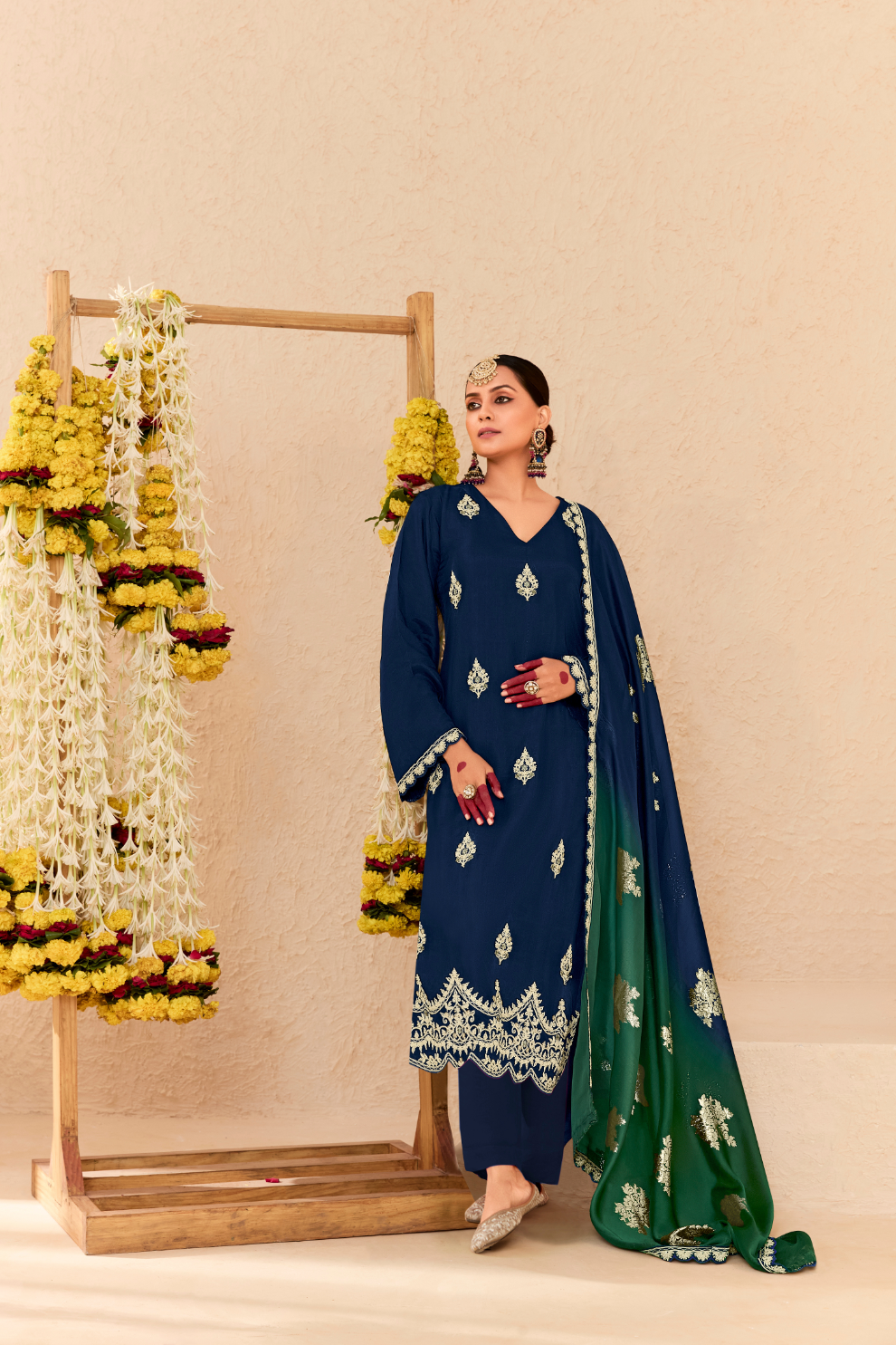 Graceful Navy Blue Bamber Silk Salwar Suit with Pearl Embroidery