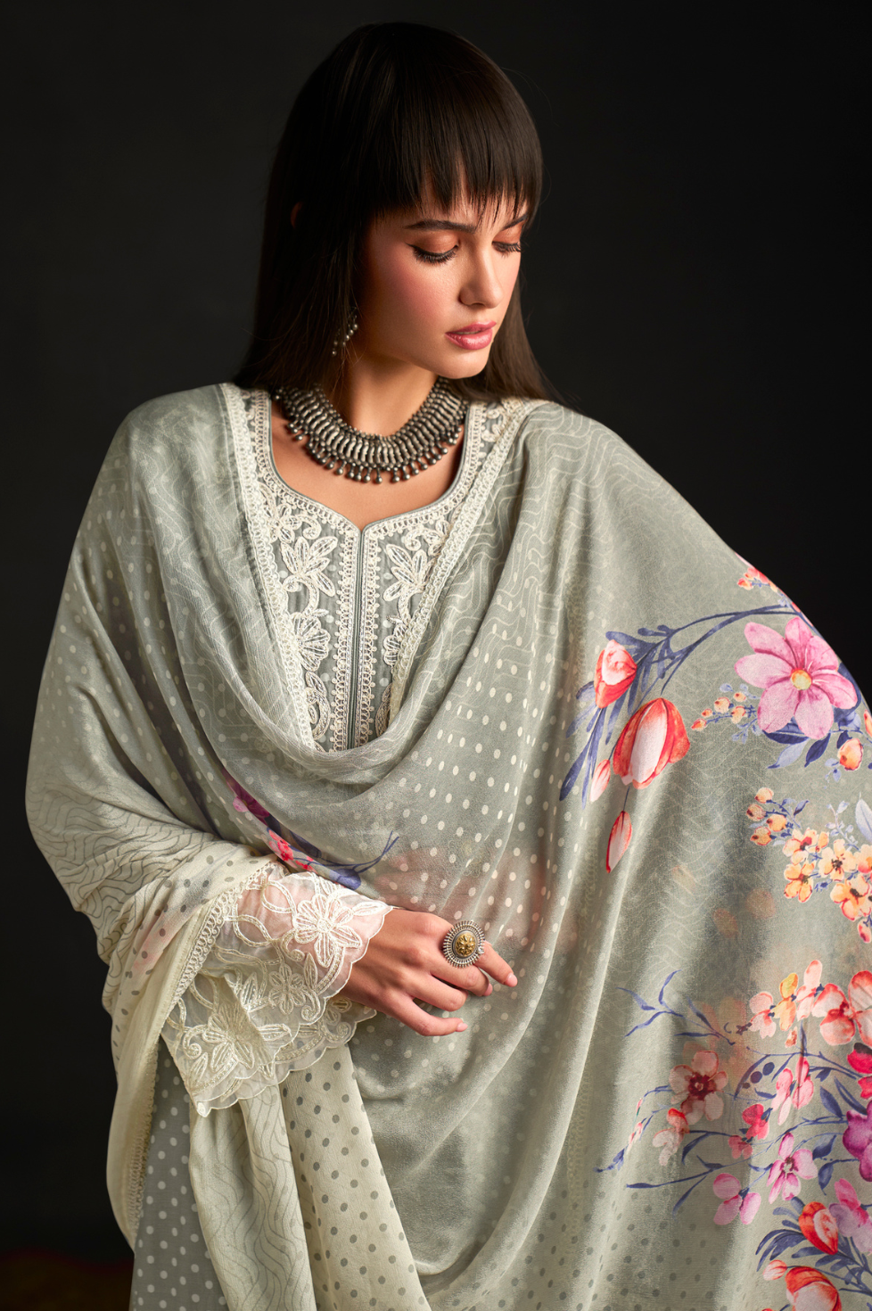 Chic Muslin Salwar Suit with Prints & Embroidered Organza Sleeves
