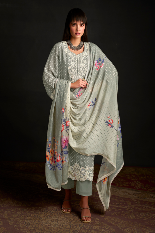 Chic Muslin Salwar Suit with Prints & Embroidered Organza Sleeves