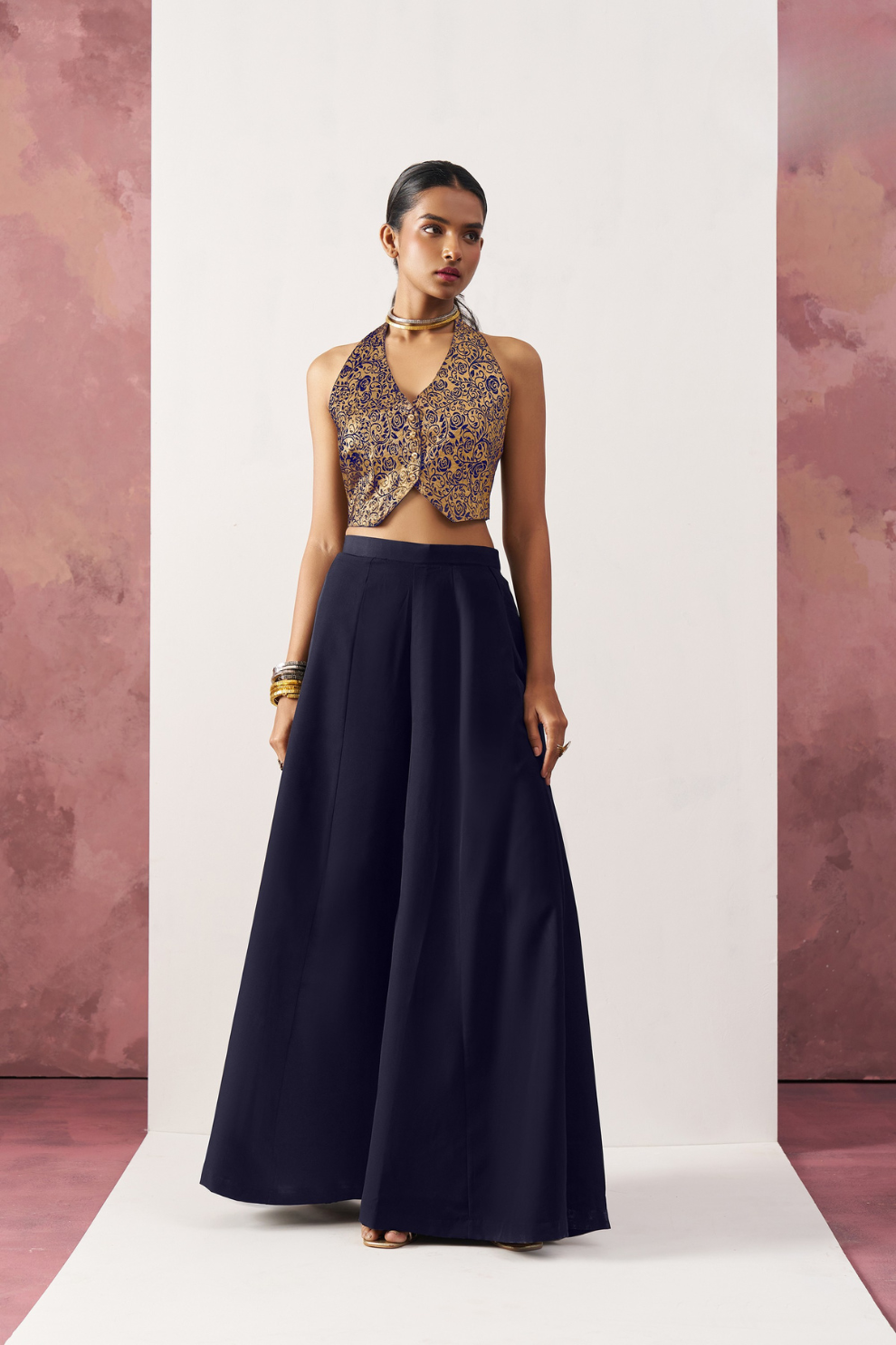 Elegant Blue Jacquard Indo-Western Skirt Suit with Waistcoat